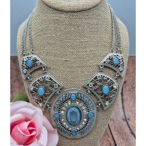 Silver Tone & Ice Blue Fashion Statement Necklace Bib Collar Style 21" Adjusts